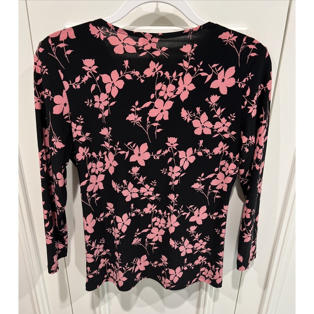 Susan Lawrence Floral Y2K Babydoll Top Size Medium Stretch V Neck Black & Pink - Picture 2 of 5